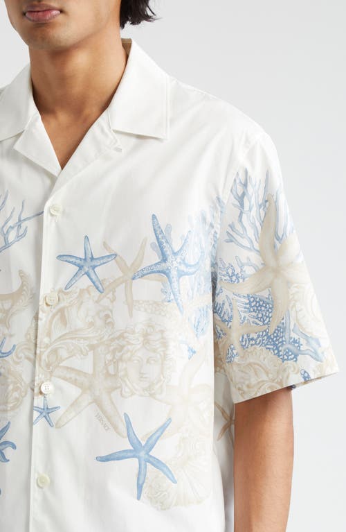 Shop Versace Barocco Sea Print Camp Shirt In White Dusty Blue Bone