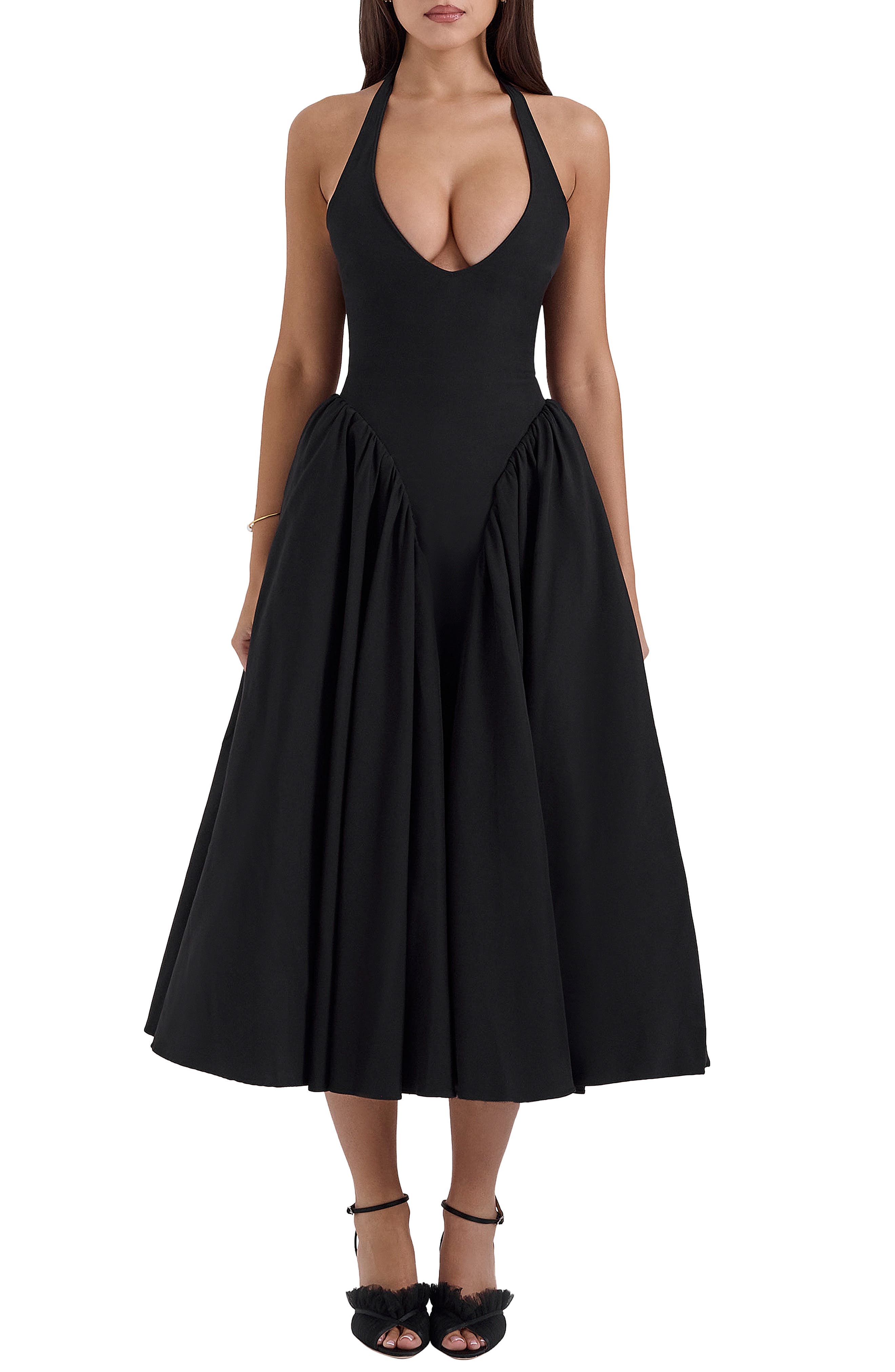 HOUSE OF CB Marilyn Gingham Halter Midi Sundress in Black 