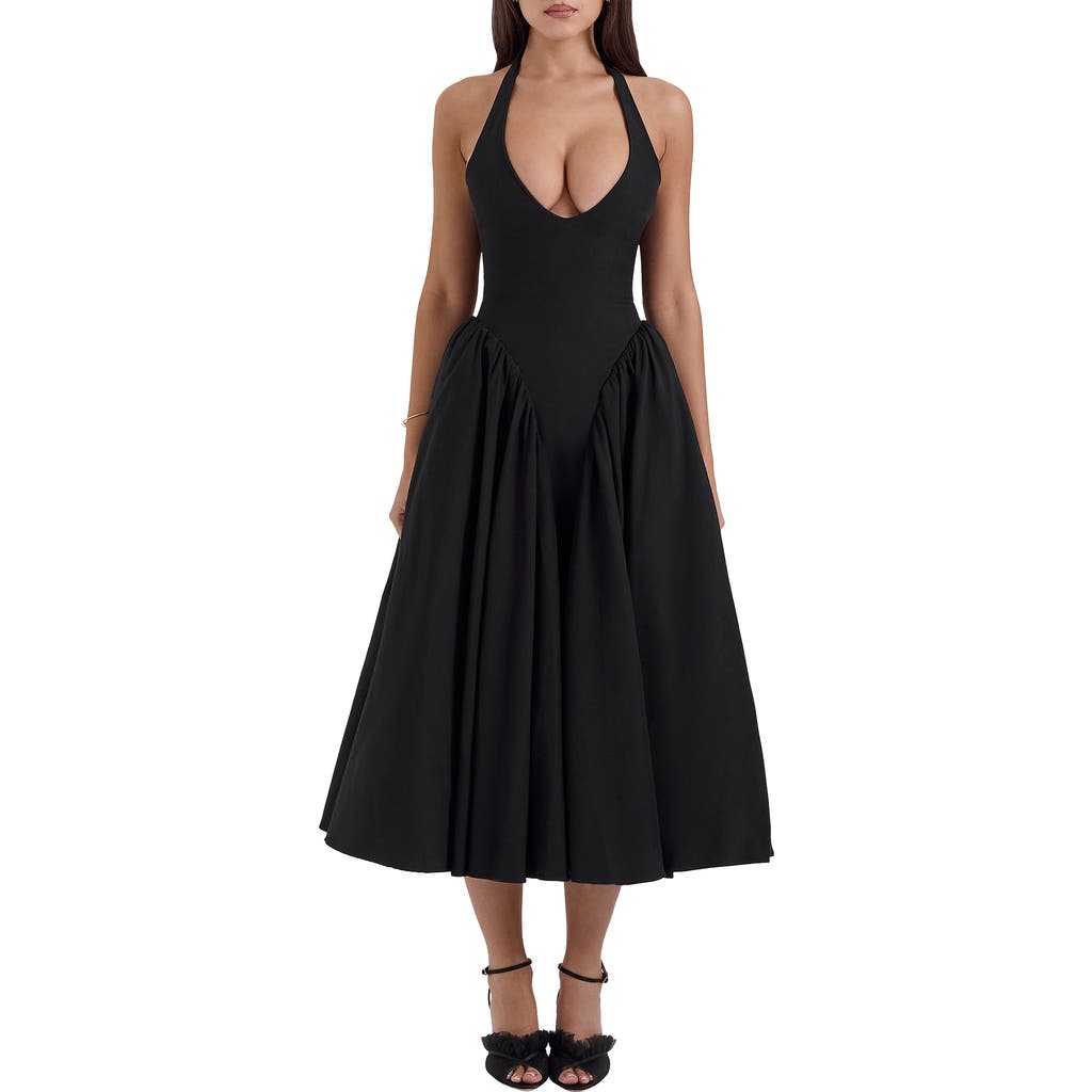 HOUSE OF CB Marilyn Gingham Halter Midi Sundress in Black