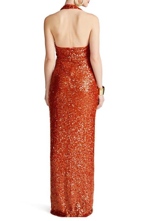 Shop Halston Svetlana Foil Sequin Halter Gown In Rooibos