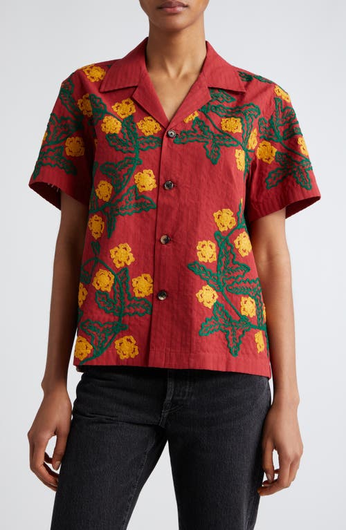 Bode Marigold Wreath Embroidered Cotton Camp Shirt Maroon Multi at Nordstrom,