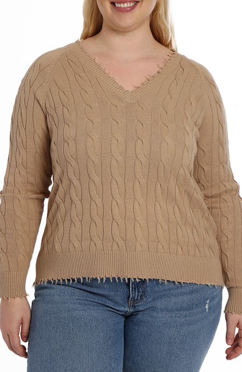 Shop Minnie Rose Frayed V-neck Cable Knit Cotton Sweater In Brown Sugar