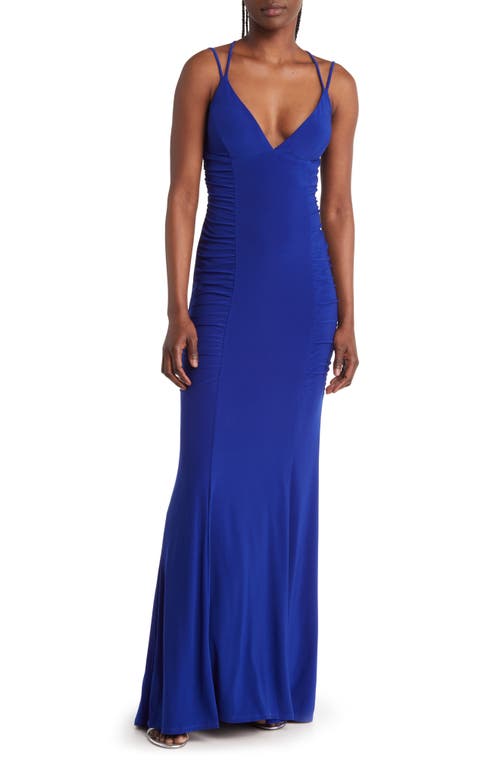 Jump Apparel Ruched Lace-Up Jersey Column Gown in Royal