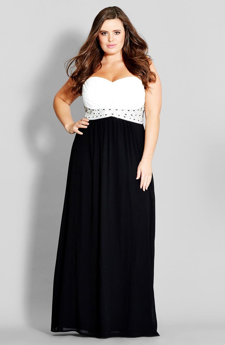 City Chic 'Contrast Camilla' Embellished Strapless Maxi Dress (Plus ...