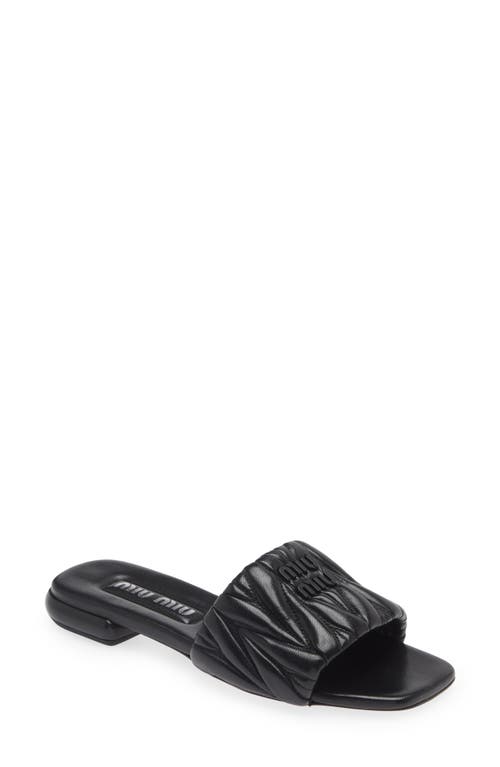 Miu Miu Logo Matelassé Slide Sandal in Nero | Smart Closet