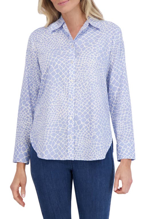 Foxcroft Meghan Giraffe Print Linen Blend Shirt Blue/White at Nordstrom,