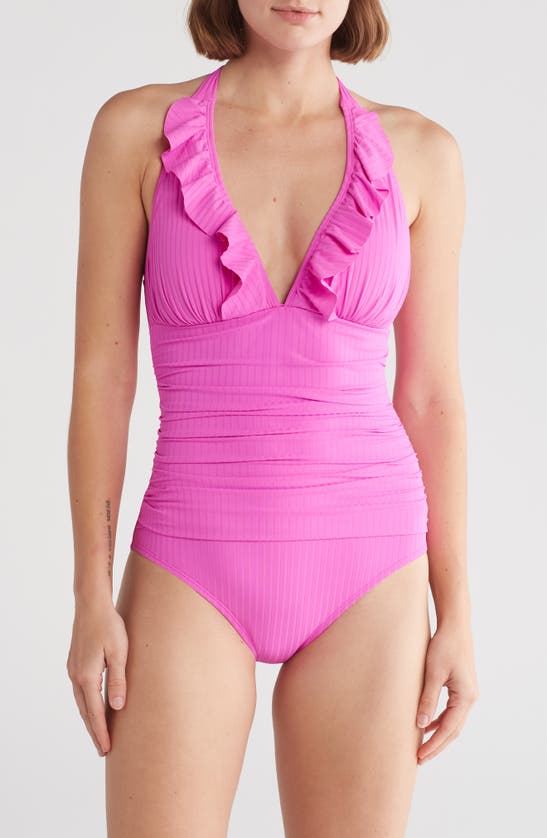 Shop Bleu By Rod Beattie Ruffle Halter One-piece Swimsuit In Bright Orchid