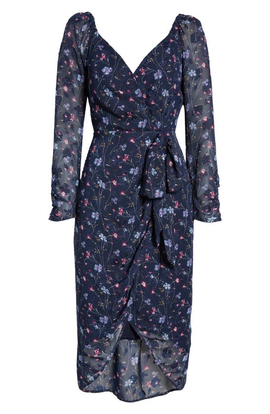 Floret Studios Floral Wrap Front Long Sleeve Midi Dress In Navy Multi