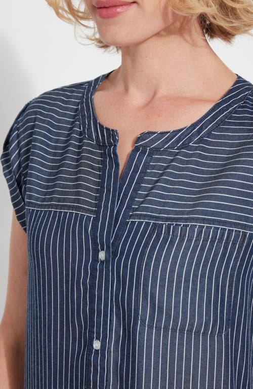 Shop Lyssé Delilah Pinstripe Popover Twill Top In Indigo Ledger Stripe