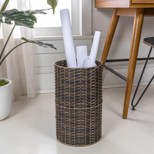 Happimess Cecil Modern Faux Wicker Cylinder Waste Basket In Dark Bronze/gold