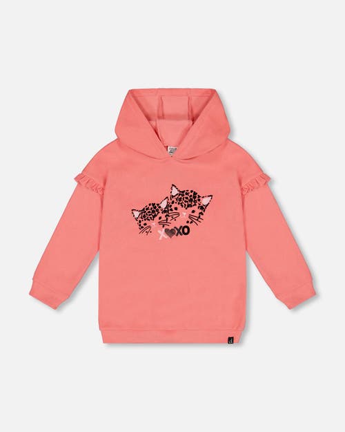 Shop Deux Par Deux Little Girl's Super Soft Hooded Tunic With Frill Coral In Tea Rose