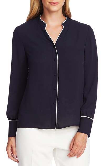 Vince Camuto Piped Button Up Blouse In Caviar