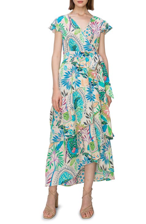 Floral Print Flutter Sleeve Faux Wrap Midi Dress