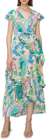 Floral Print Flutter Sleeve Faux Wrap Midi Dress