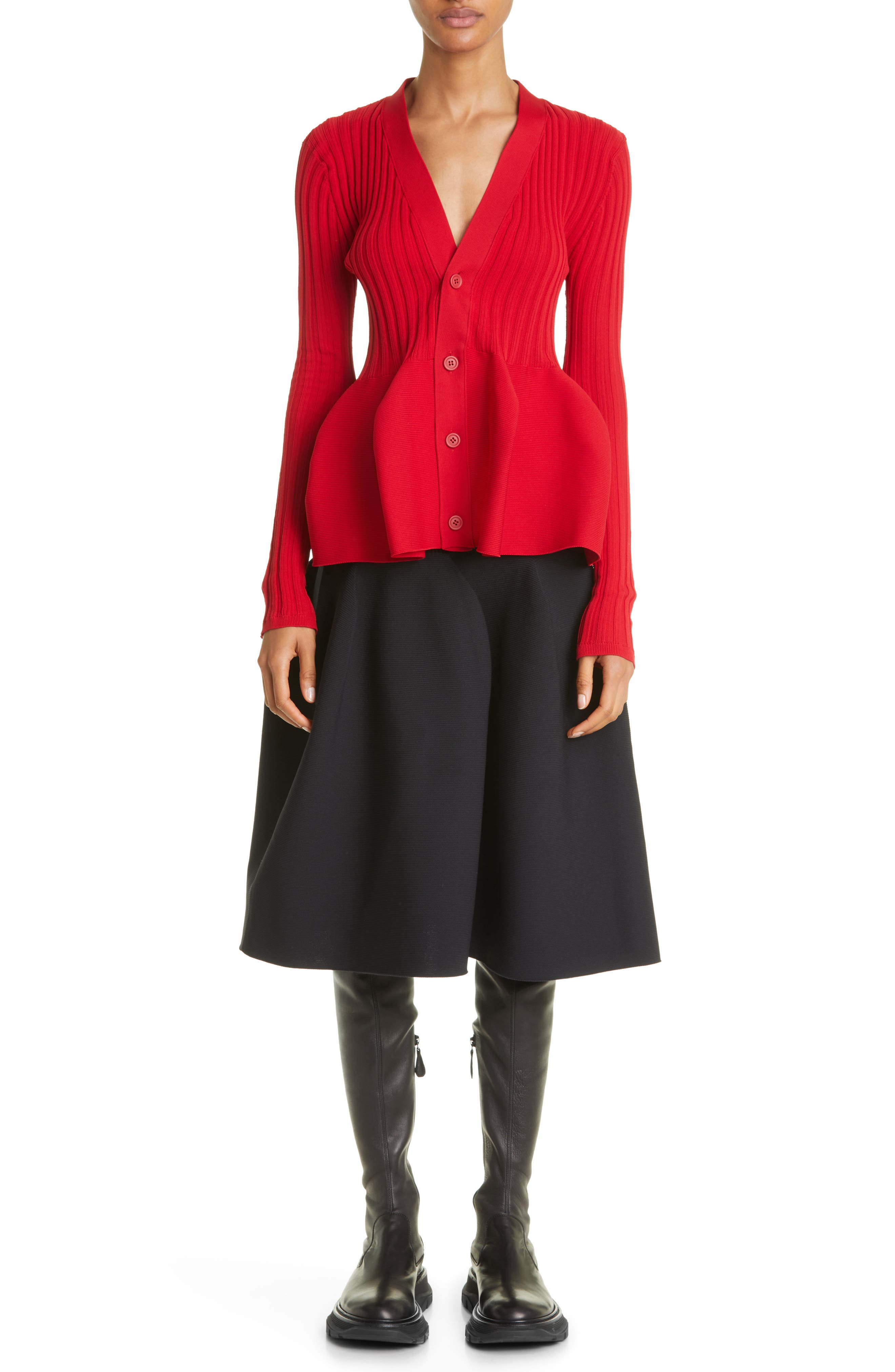 CFCL Pottery 1 Peplum Rib Cardigan in Red | Smart Closet