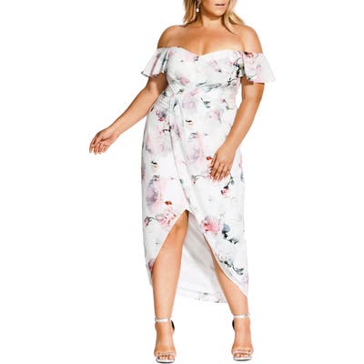 Plus Size City Chic Heartbreaker Floral Off The Shoulder High/low Dress, White