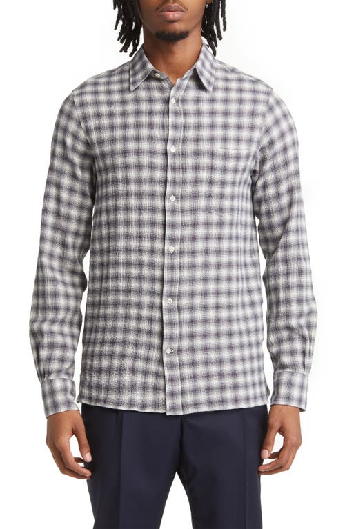 Officine Générale Alex Check Stretch Seersucker Button-Up Shirt in Darkgrey/White at Nordstrom, Size X-Large