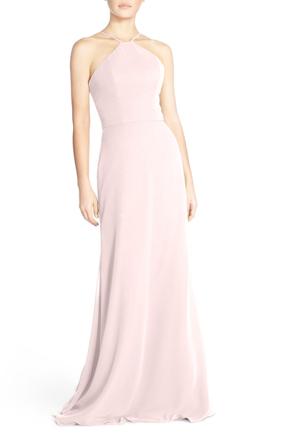 Hayley Paige Occasions Strappy V-Back Chiffon Halter Gown