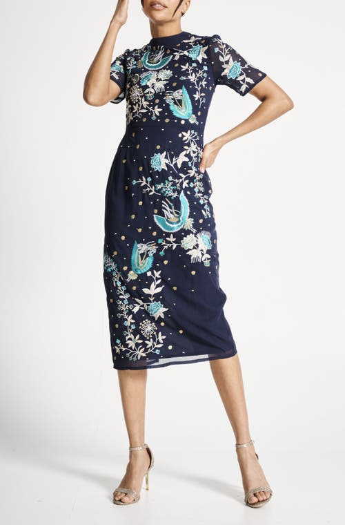 Shop Frock And Frill Floral Embroidered Midi Gown In Navy