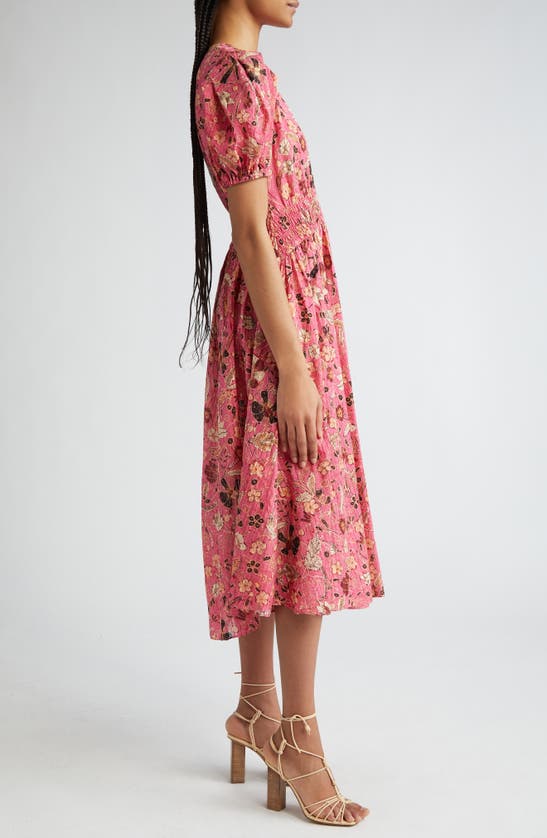 Shop Ulla Johnson Eden Floral Puff Sleeve Cotton Blend Midi Dress In Hollyhock