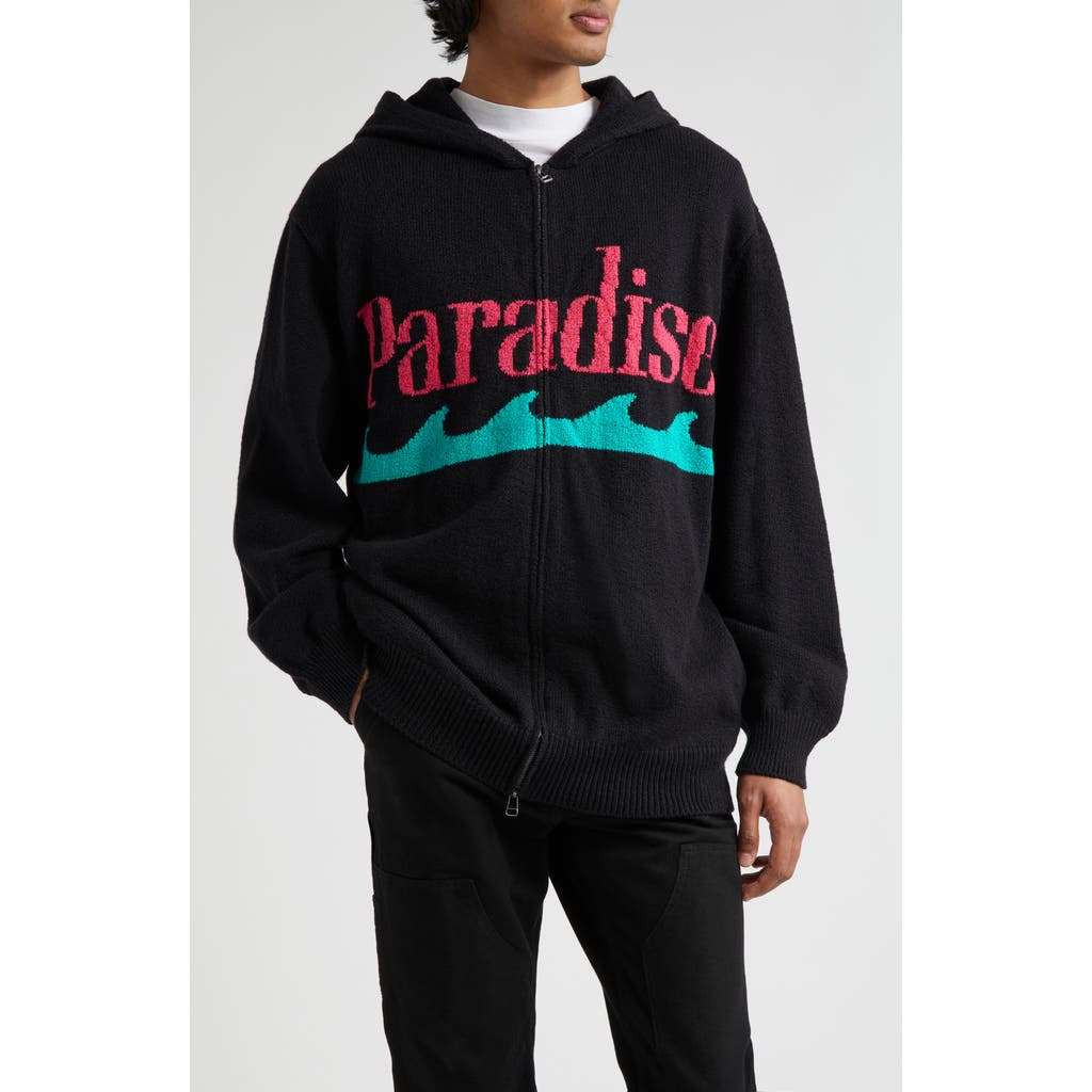 The Elder Statesman Paradise Full Zip Hooded Sweater In Black/flamingo/miami Blue