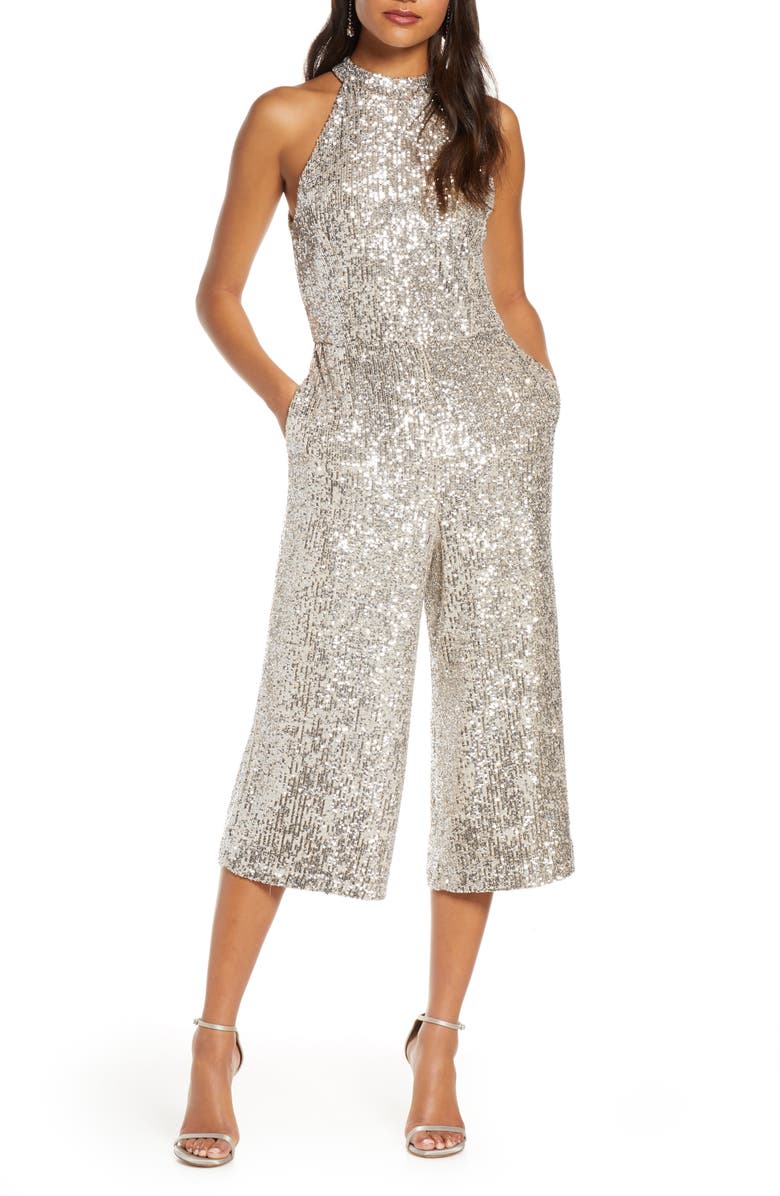 FOREST LILY Crop Sequin Jumpsuit, Main, color, SILVER