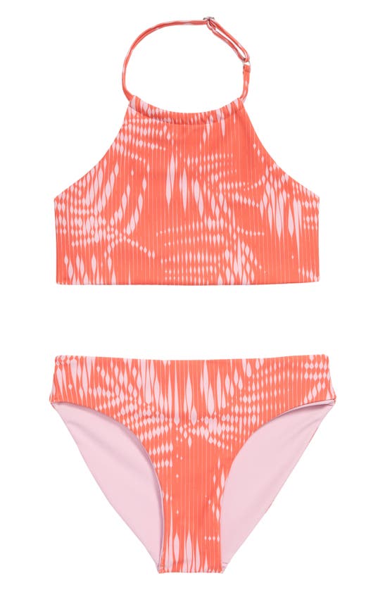 Zella Girl Kids' Just Breathe Reversible Two-piece Swimsuit In Coral Hot Seamless Palm