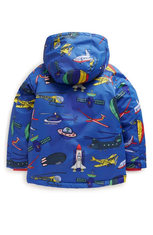 Shop Mini Boden Kids' Aircraft Print Zip Hooded Puffer Jacket In Bluejay Transport