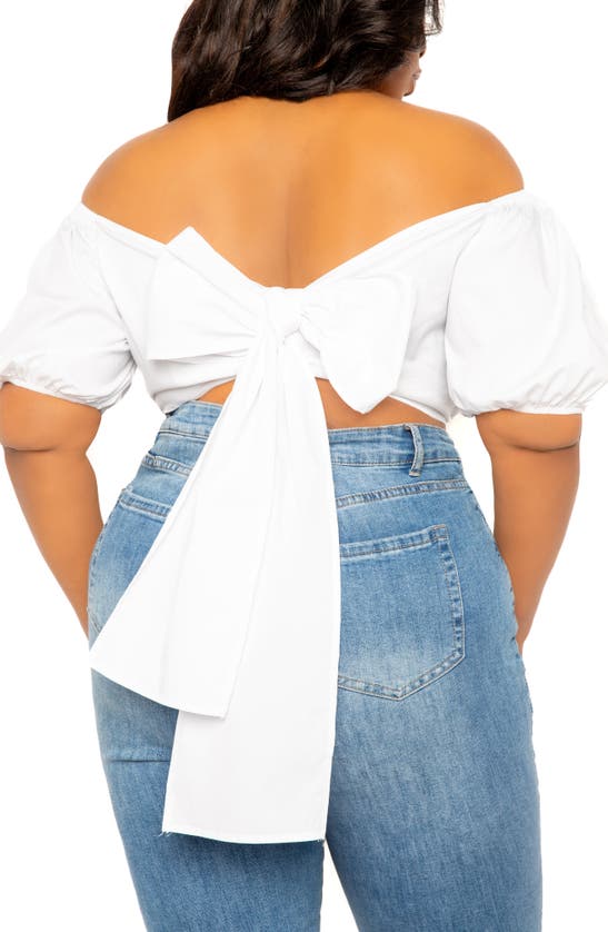 Shop Buxom Couture Off The Shoulder Bow Back Crop Top In White