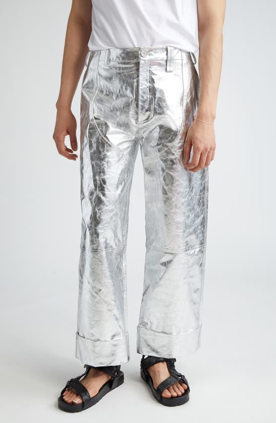 Shop Simone Rocha Workwear Chaps Metallic Lambskin Leather Trousers In Silver