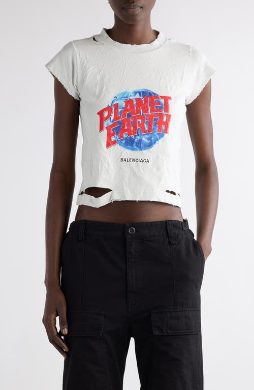 Shop Balenciaga Planet Earth Distressed Crop Stretch Cotton Graphic T-shirt In 9012 Dirty White