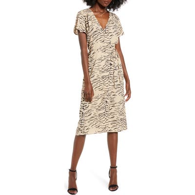 Leith Print Flutter Sleeve Wrap Dress, Brown
