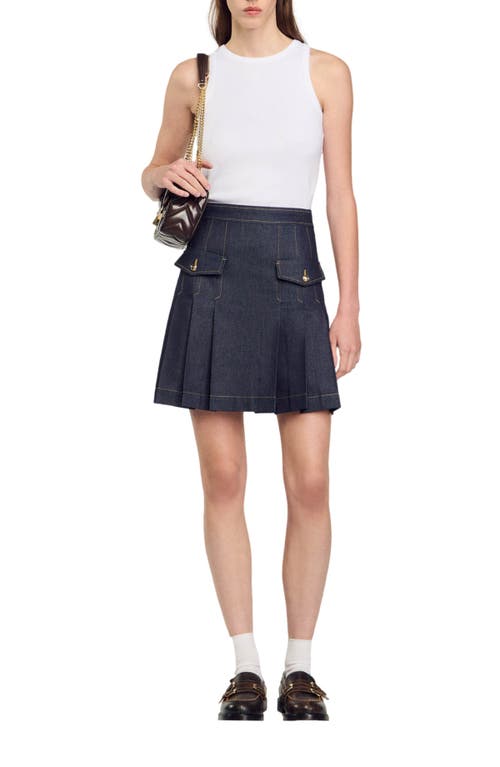 Shop Sandro Pleated Denim Skirt In Deep Blu