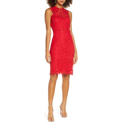 Lulus Sweetness Lace Cocktail Sheath Dress, Red