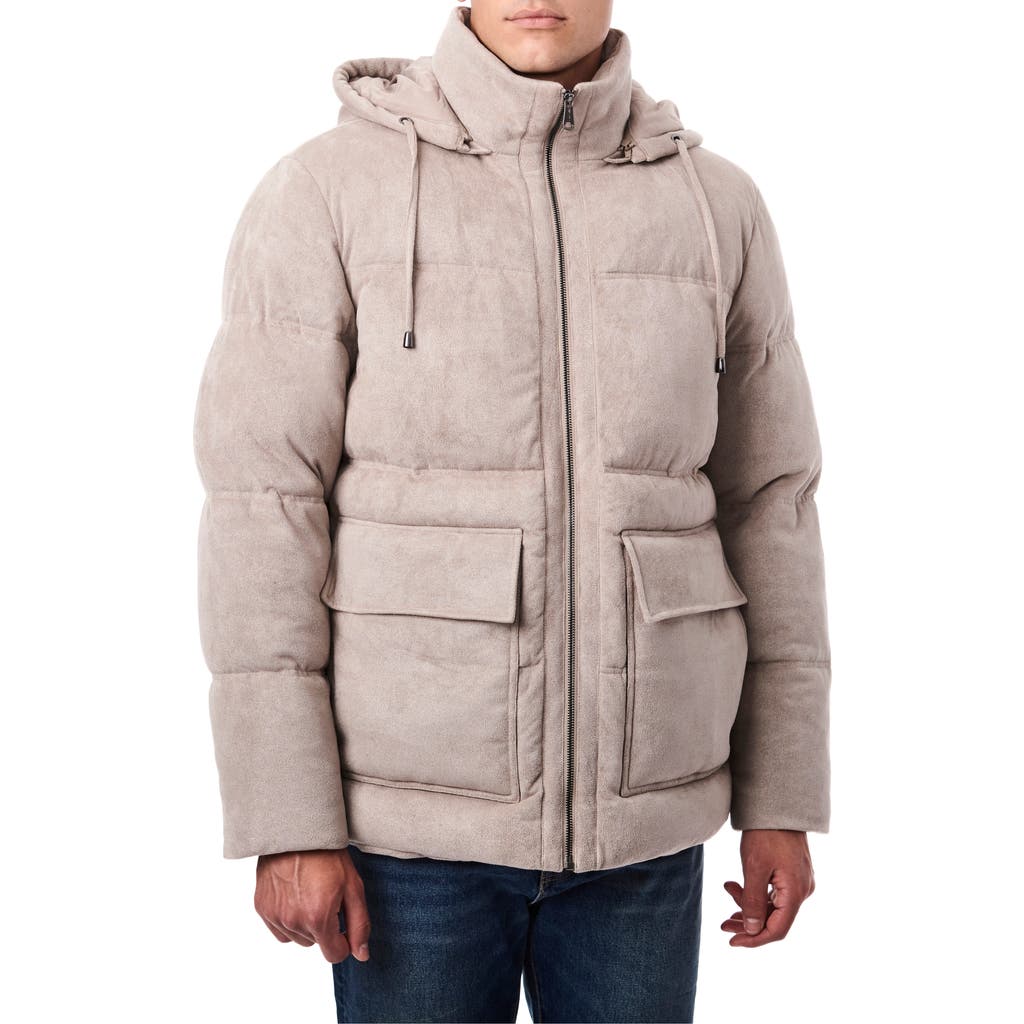 Bernardo Faux Suede Hooded Puffer Jacket In Stone