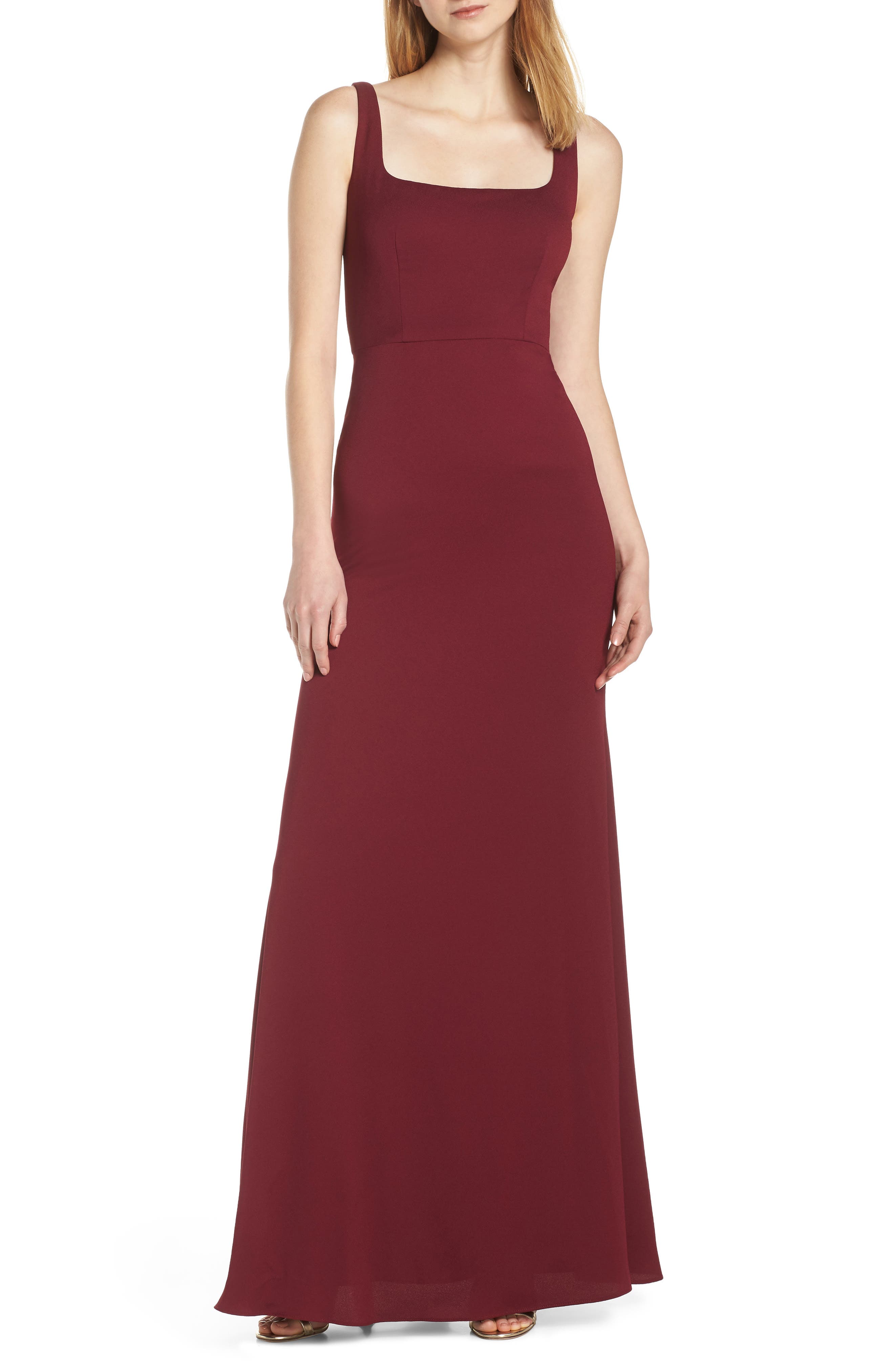 Hayley Paige Occasions Square Neck Tie Back Crepe Evening Dress, Burgundy