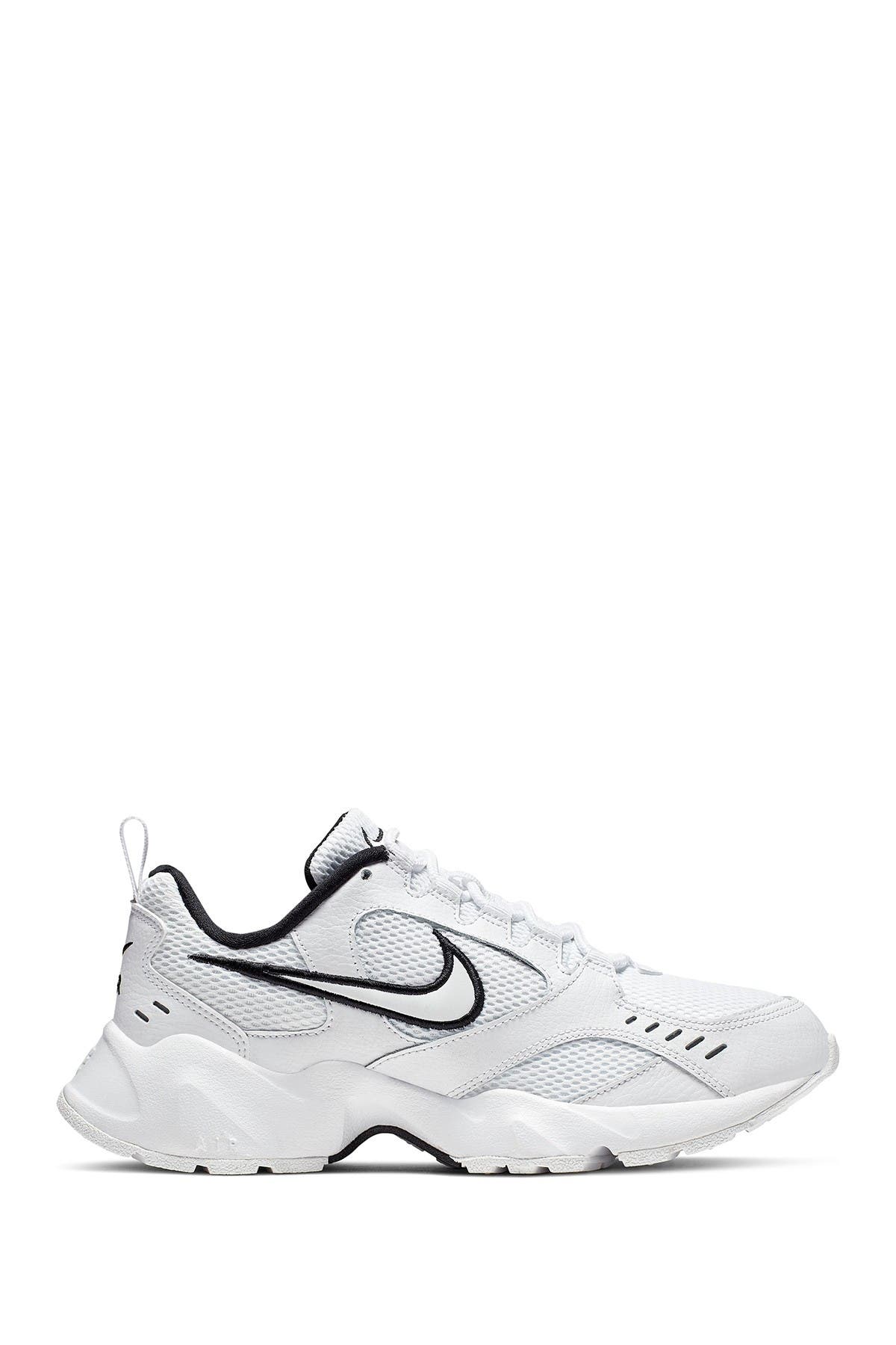 nike white and black air heights trainers