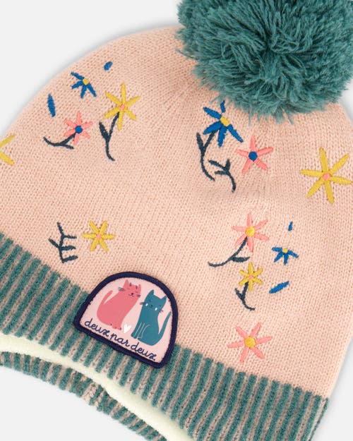Deux Par Deux Baby Girl's Peruvian Knit Hat Light Pink, Sage Green And Flowers In Embroidered Flowers