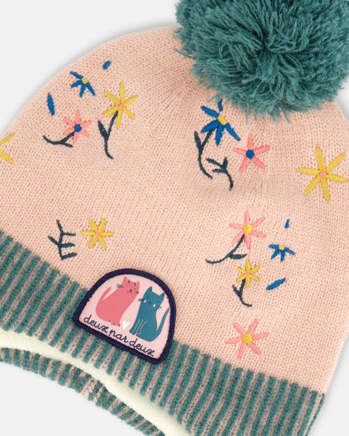 Shop Deux Par Deux Baby Girl's Peruvian Knit Hat Light Pink, Sage Green And Flowers In Embroidered Flowers