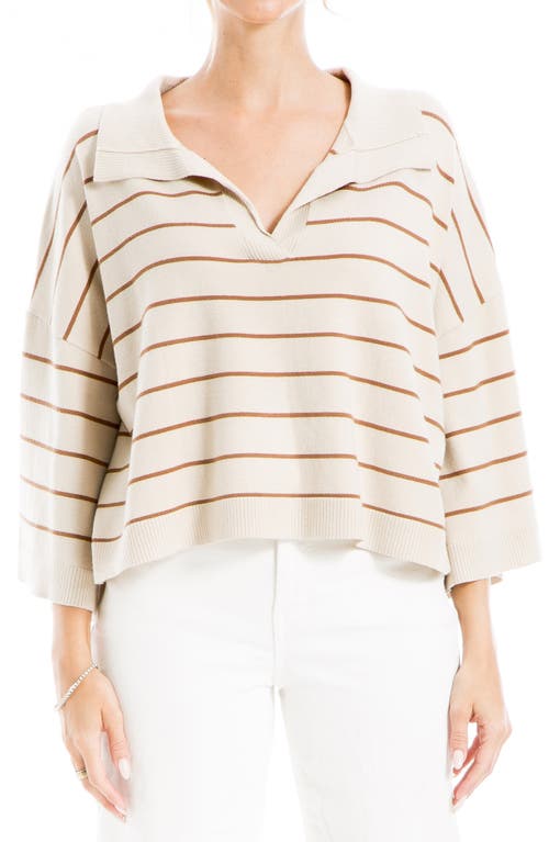 Shop Max Studio Stripe Johnny Collar Crop Sweater In Off White/carmel