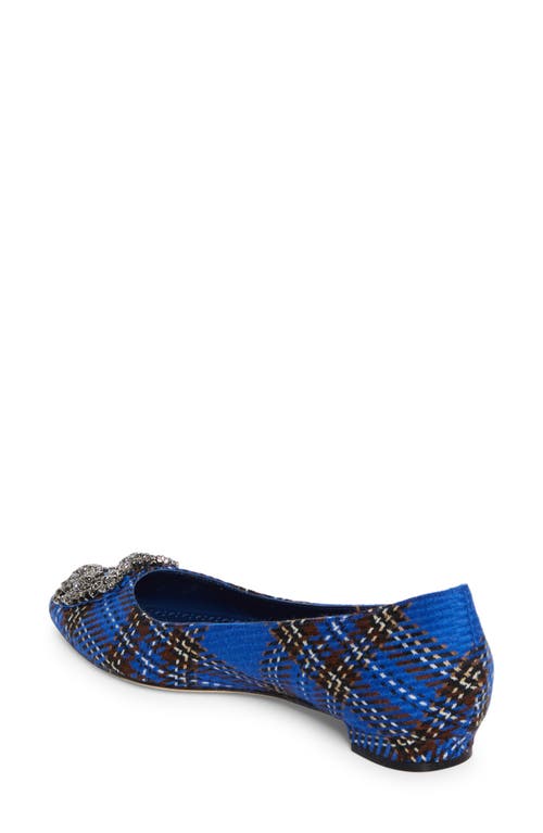 Shop Manolo Blahnik Hangisi Crystal Buckle Pointed Toe Virgin Wool Flat In Blue Tartan