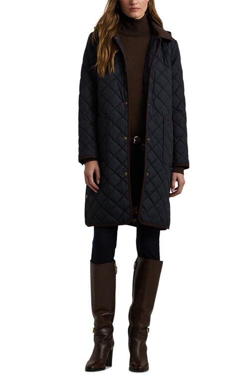 Shop Lauren Ralph Lauren Hooded Longline Quilted Jacket In Dark Navy