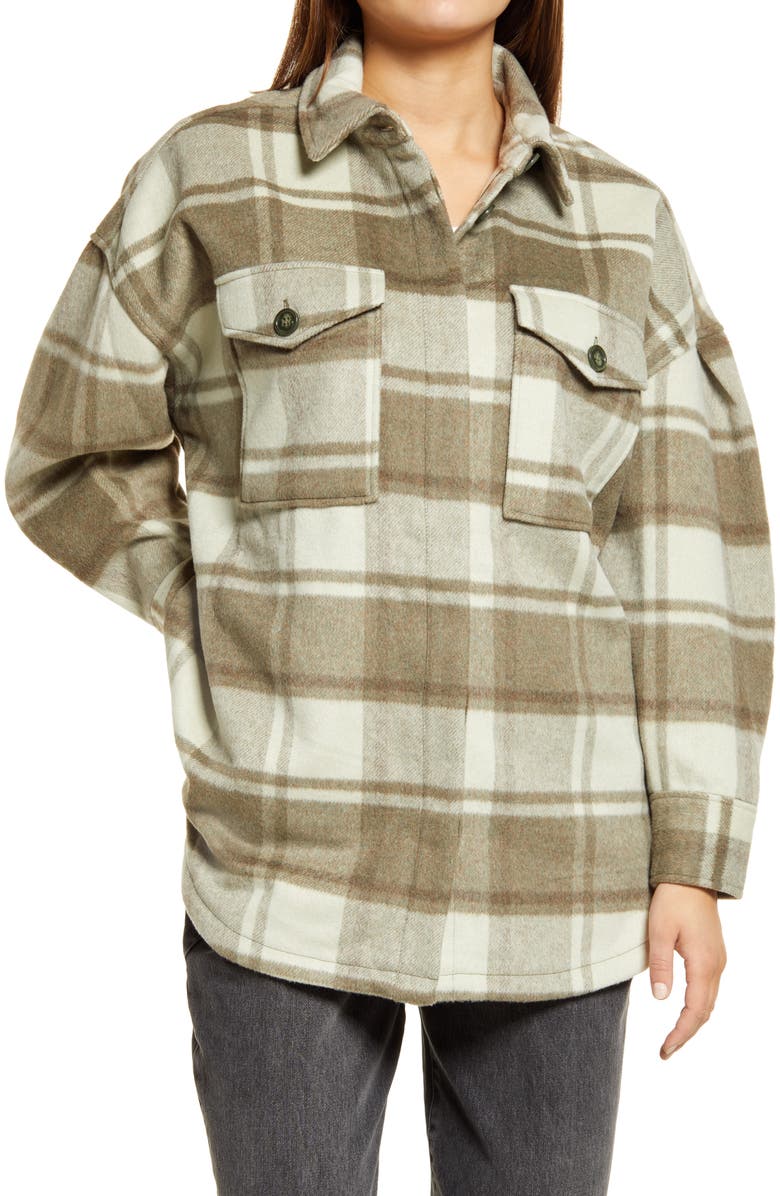 GOOD AMERICAN Plaid Shacket, Main, color, OLIVEPLAID001