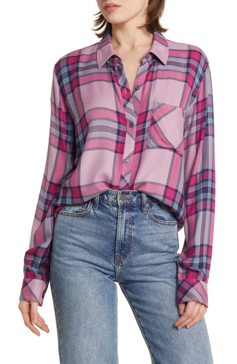 Lucky Brand Women's Long Sleeve Oversized Distressed Shirt, Lilac Plaid,  X-Small at  Women's Clothing store
