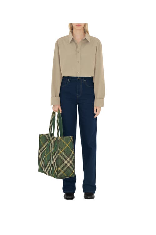 Shop Burberry Medium Check Knitted Tote In Ivy