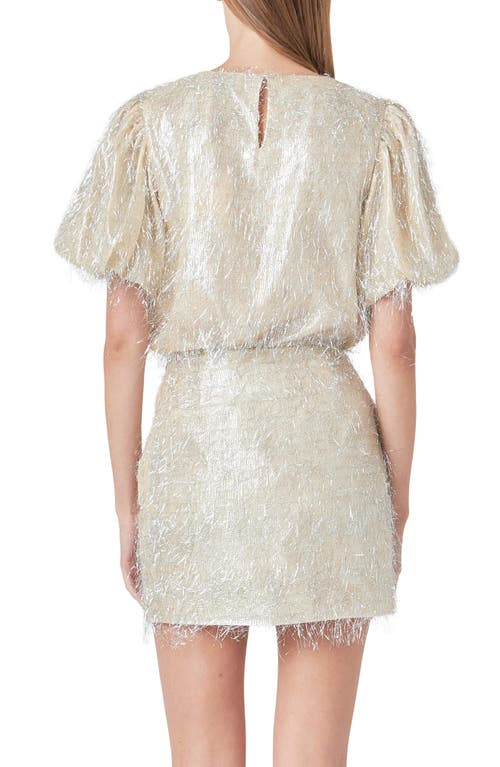 Shop Endless Rose Metallic Fringe Puff Sleeve Top In Champagne