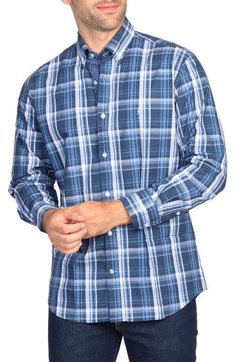 Navy Large Plaid Long Sleeve Cotton Stretch Button Down Shirt