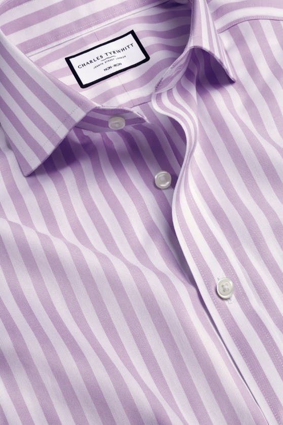 Shop Charles Tyrwhitt Wide Stripe Non-iron Twill Cutaway Slim Fit Shirt Single Cuff In Lilac Purple