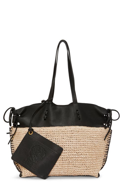 Jamee Leather & Crochet Straw Tote in Natural Black Paper Raffia