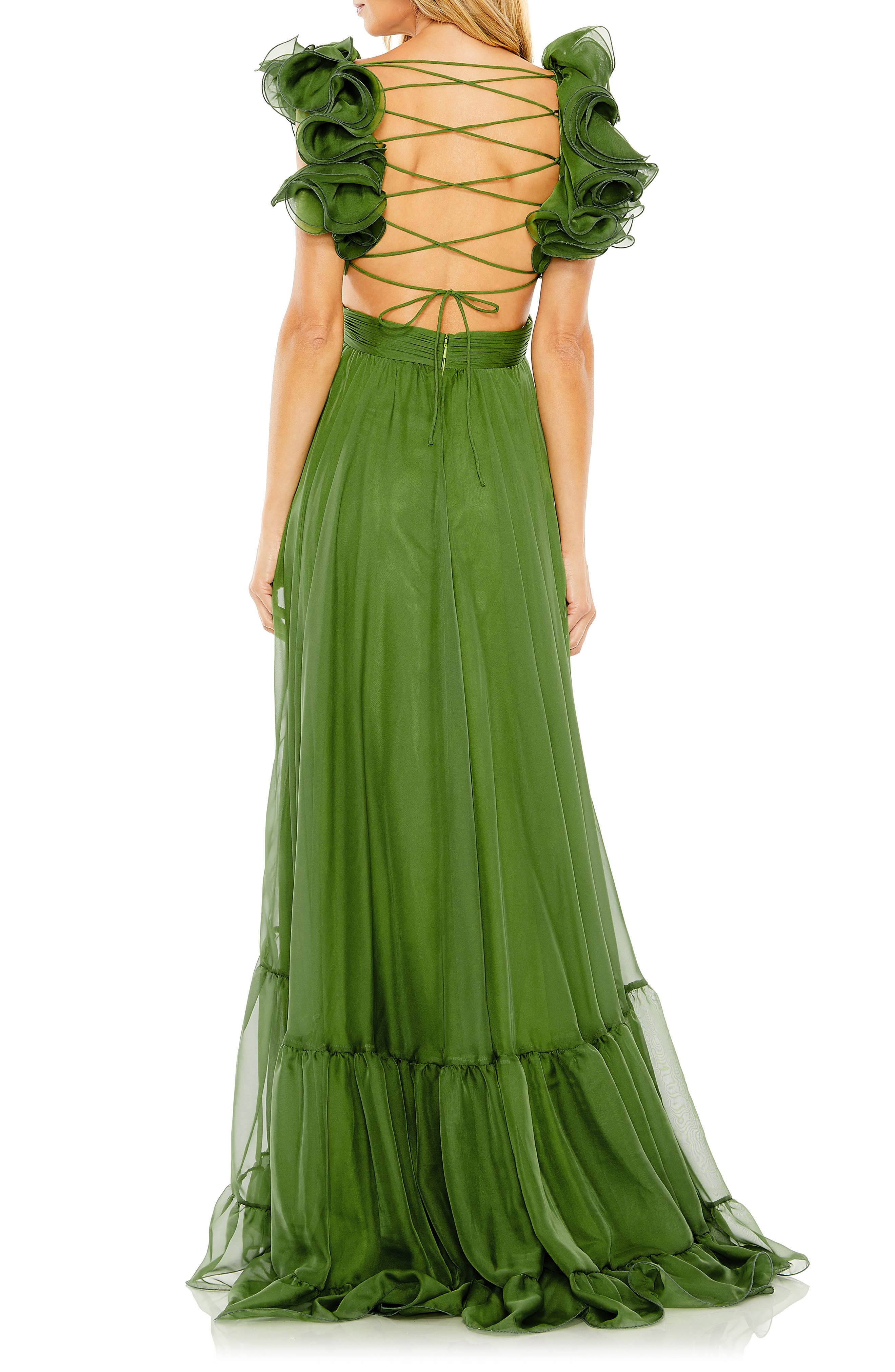 Mac Duggal Rosette Chiffon Cutout Empire Waist Gown in Thyme | Smart Closet